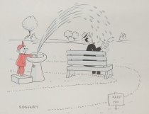 [Boy sprays water on man on a park bench]