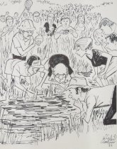 [Crowd of people gathering around pond]