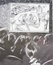 [Car accident displayed at drive-in movie theater]