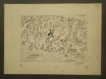 [Couple kissing on a crowded bridge]