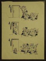 [Division problem. Class of schoolchildren laughing at a shrinking teacher]