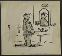 [Man sees the back of his head in the mirror]