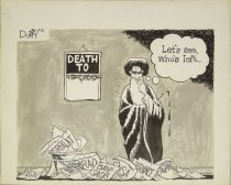 [Cartoon of Khomeini deciding who to say "Death to" next]