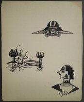 [geometric sketches; river scene]