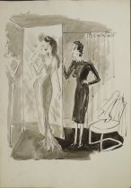 [young woman tries on dress with attendant]