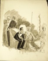 [blonde woman talks to man in glasses at party]