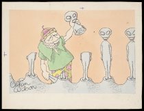 [man breaking alien statues]