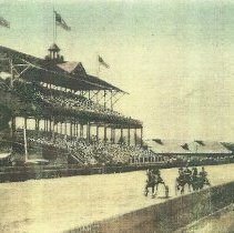 Rigby Park Grandstand with sulkies and horses