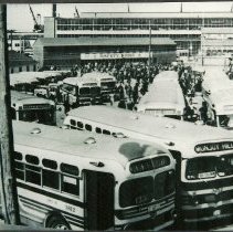 Shift change at the South Portland shipyards during WWII