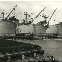 Three Liberty ships ready for launch from the East Yard, 1943