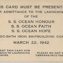 Ticket to launch of Ocean ships - Honour, Faith and Hope