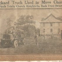 Packard truck used to move church; hauls Trinity Church, Knightville, back from street