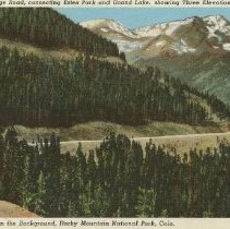 468-Trail Ridge Road, connecting Estes Park and Grand Lake, showing Three Elevations of the Road, Mt. Ypsilon in the background, Rocky Mountain National Park, Colo.