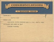 Congratulation Telegram to Gunnar Lund, 1938