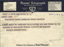 Congratulation Telegraph to Gunnar Lund, 1938