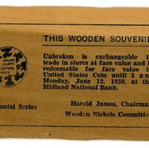 Midland Centennial Wooden Nickel - Back
