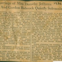 Newspaper clipping with details of Dorothy and Gordon Babcock's wedding.