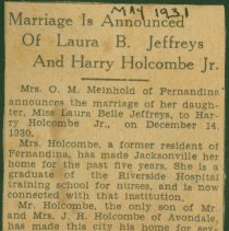 Newspaper clipping about Laura and Harry Holcombe's wedding.