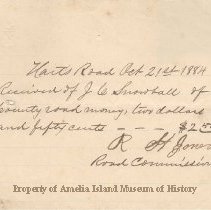 Receipt for road tax $2.50 J.G. Snowball 1884