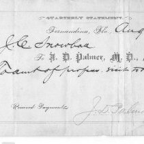 Receipt from Dr. J.D. Palmer to J.C. Snowball $10 Aug 1, 1884