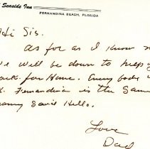 Letter on Hotel Seaside Inn Fernandina Beach, Florida Stationery to Sis fro