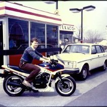 Scott Simpson on a Motorcycle, April 1985