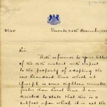Letter, Provincial Secretary's Office to N. Higinbotham re: Standard Time, 1883-1884