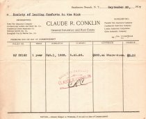 A receipt for an insurance policy purchased by The Society, 1927.