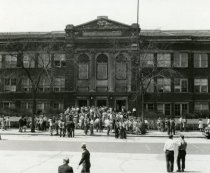 Groups of students in front of Hammond High School circa 1950s