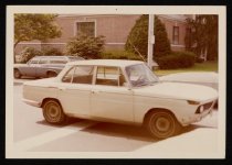 White car across from Bridgeport Public Library