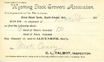 Wyoming Stock Growers Association Inspector's Notice