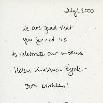 Helen Bjork, 80th birthday invitation