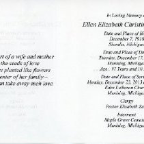 Memorial card for Ellen Elizabeth Christina Nadeau