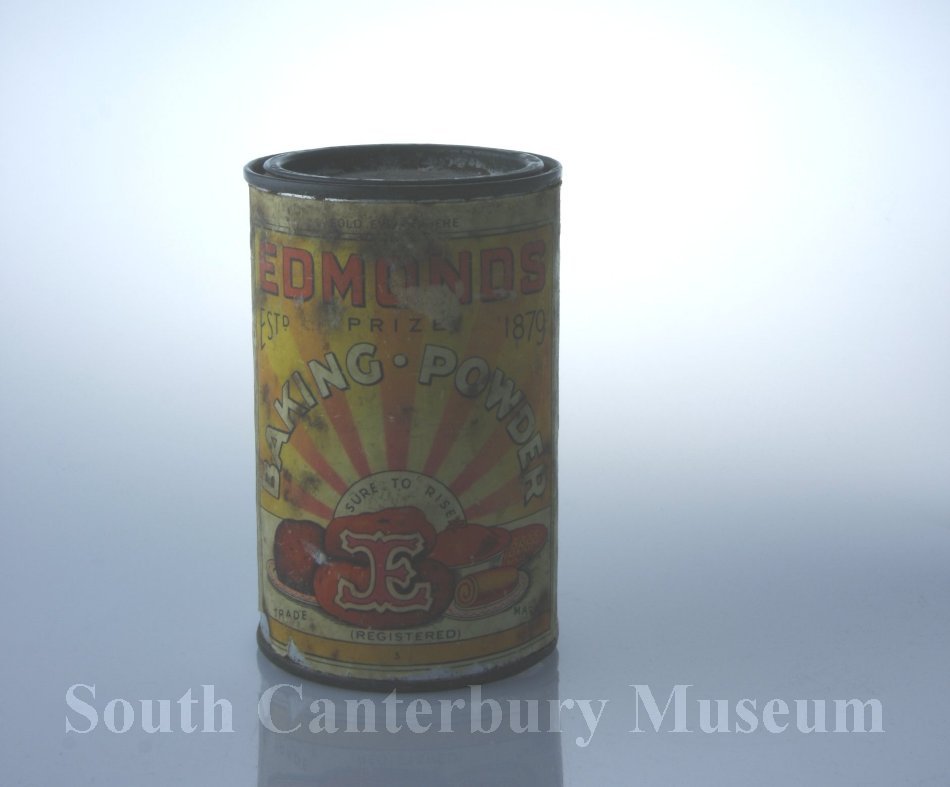 Tin, Food Round tin for Edmonds Baking Powder, 1972. The tin is