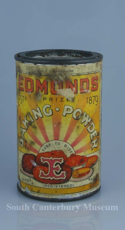 Tin, Food Round tin for Edmonds Baking Powder, 1972. The tin is