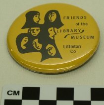 Commemorative button, yellow w/ black printing, illustrated faces; c.1970