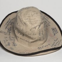 Tan, felt cowboy hat signed by customers of Frey's Cafe in Littleton; 1941