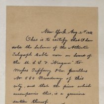 Letter confirming authenticity of cable; 1858