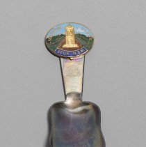 Souvenir spoon from Bega, New South Wales, shows Memorial Clock; pre-1969