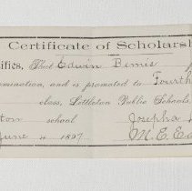 Certificate of scholarship for Edwin Bemis completing 4th grade; 1897