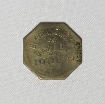 Token for C. Kalinowski Bakery for one 5 cent bread, side 1; c.1890-1900