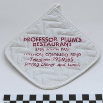 Potholder; cloth potholder from Professor Plum's Restaurant; c.1980.