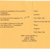 Order form; order form for Aspen Glow magazine; 1981.