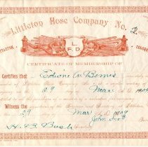 Certificate; Littleton Hose Co. No.2 certificate for Edwin A. Bemis; 1909