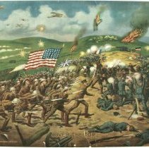 Depiction of fictional World War I battle at top of a hill; c.1918.