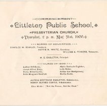 First interior page of commencement program, Class of 1900; May 31, 1900.