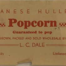 Business card for L.C. Dale, seller of Japanese Hulless Popcorn.