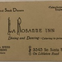 Business card for the La Rosanne Inn restaurant on Santa Fe Dr.