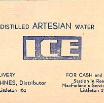 Business card for C.W. Ehnes, distributor of "Ice" artesian water.