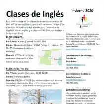 Reverse of document for English classes, in Spanish; 2020.